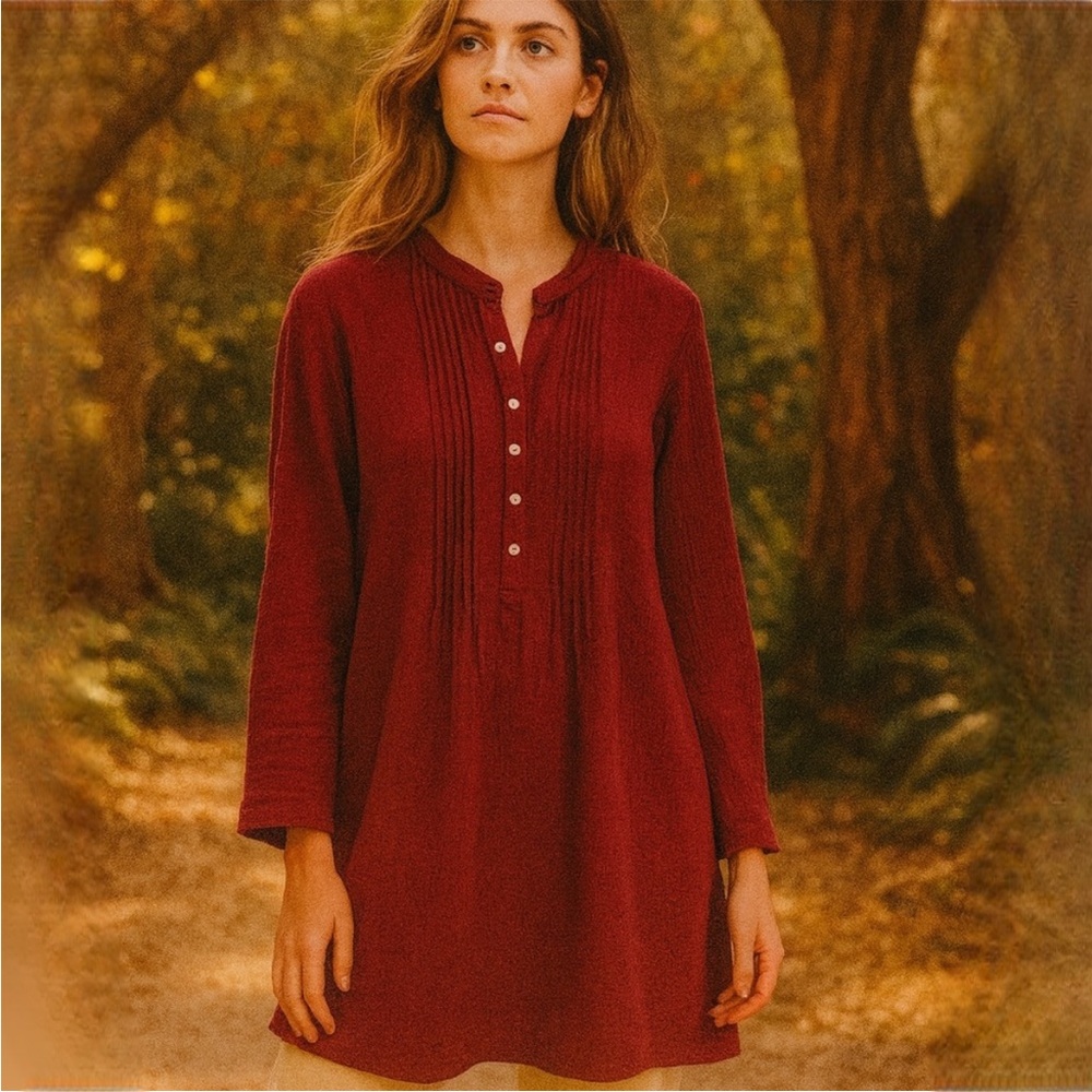 R. Vioimos Burgundy Crinkle Gauze Tunic Blouse Top 100% Cotton Size Large